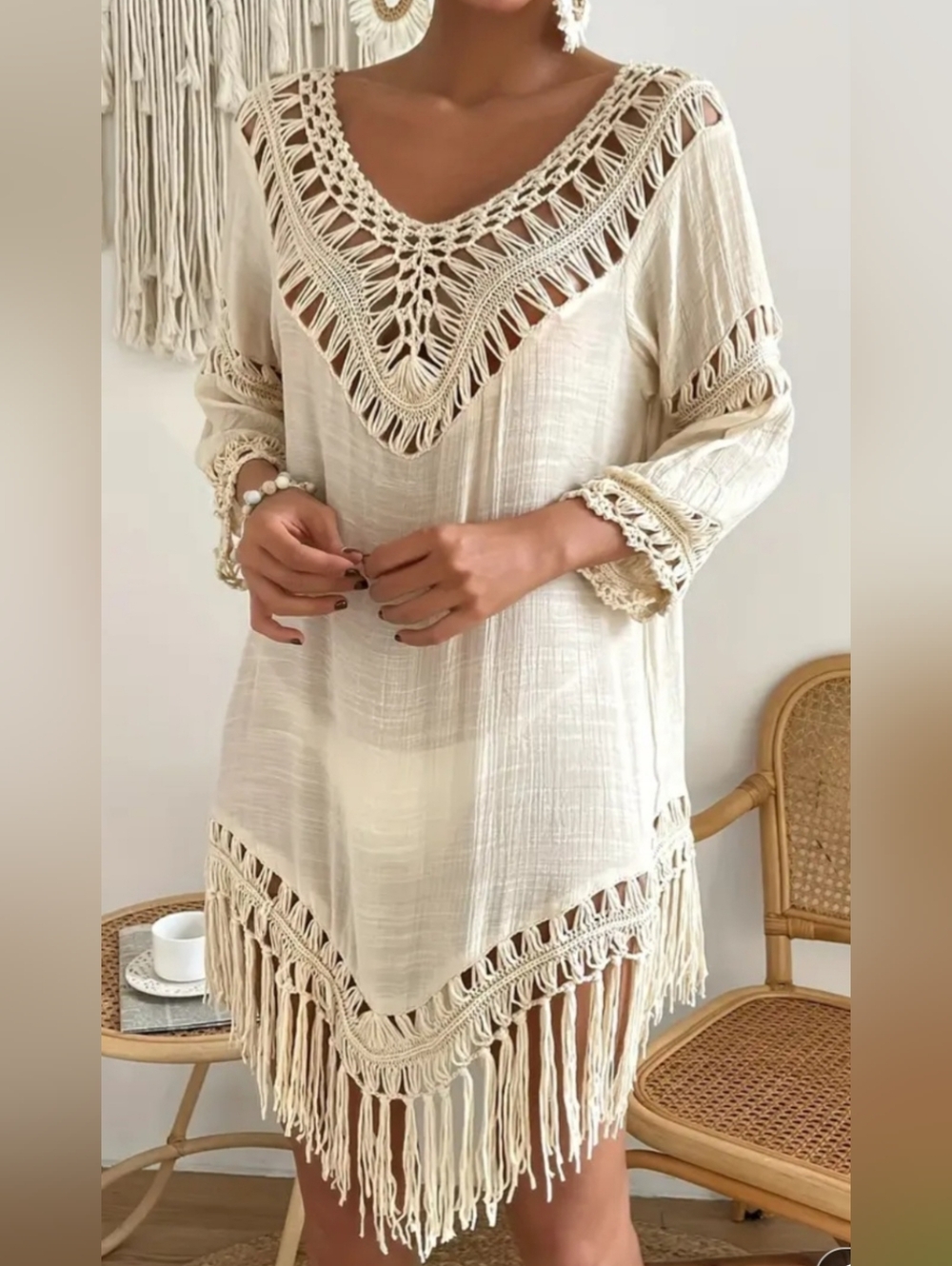 STUNNING! Cream Crochet Fringe Swim Cover-Up